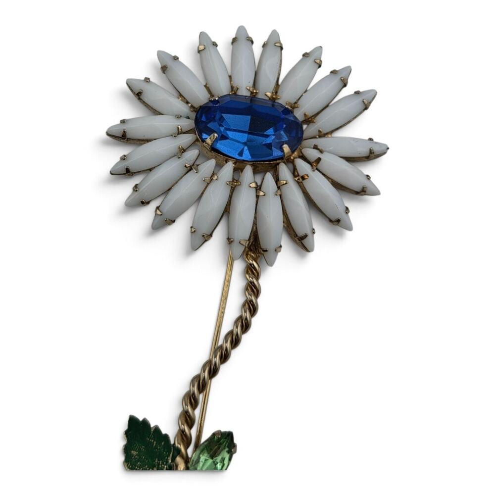 Vintage 1950s Flower Brooch Blue Rhinestone White Petals Enamel Green Leaves